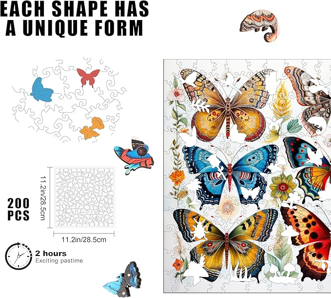 Wooden Puzzles for Adults, Colorful Butterfly 200 Pieces 5MM Thickness Unique Shaped Puzzles, Jigsaw Puzzles for Adults Toys Gift for Family Games (11.2 x 11.2 in)