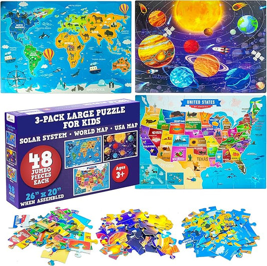 3 Pack Large Floor Puzzles for Kids Ages 3-5– Extra Thick 48 Piece Puzzles for Toddler Ages 4-8 Jumbo Jigsaw Set - Solar System, World Map, USA Map, 3 in 1 Educational Puzzle Preschool, Children