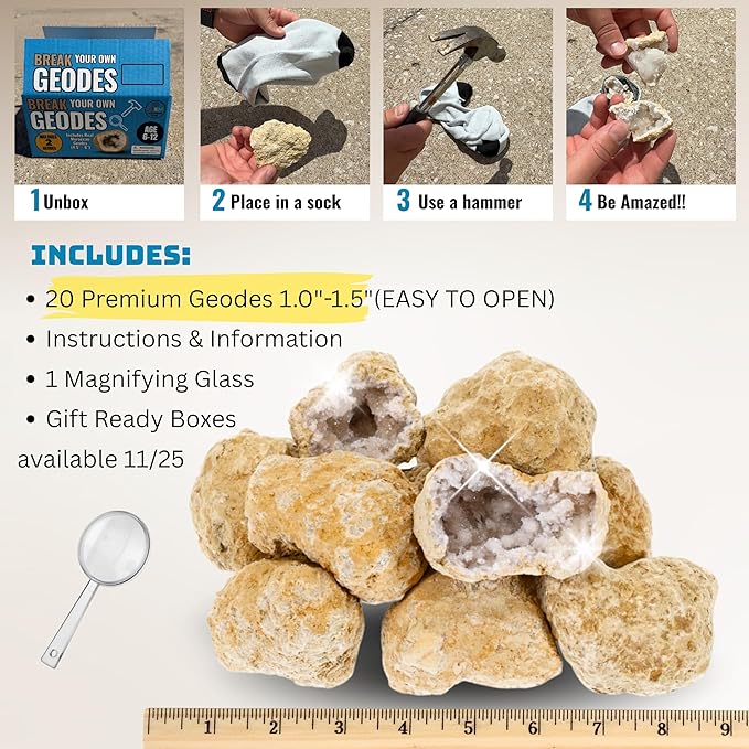 20 Break Your Own Geode Kit โ 1.0 to 1.5 Inch Easy to Reveal Natural Premium Geodes โ Easy Crack-Open Experience + Tools + Geologist Guide โ Requires Less Effort โ STEM Activity + Collectable - Small