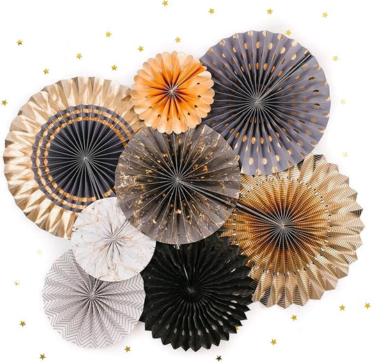 PapaKit Origami Wall Decoration Set (8 Assorted Round Paper Fans) Birthday Party New Year Graduation Events Decor | Creative Art Design Pattern (Charcoal & Gala Blue with Metallic Gold)