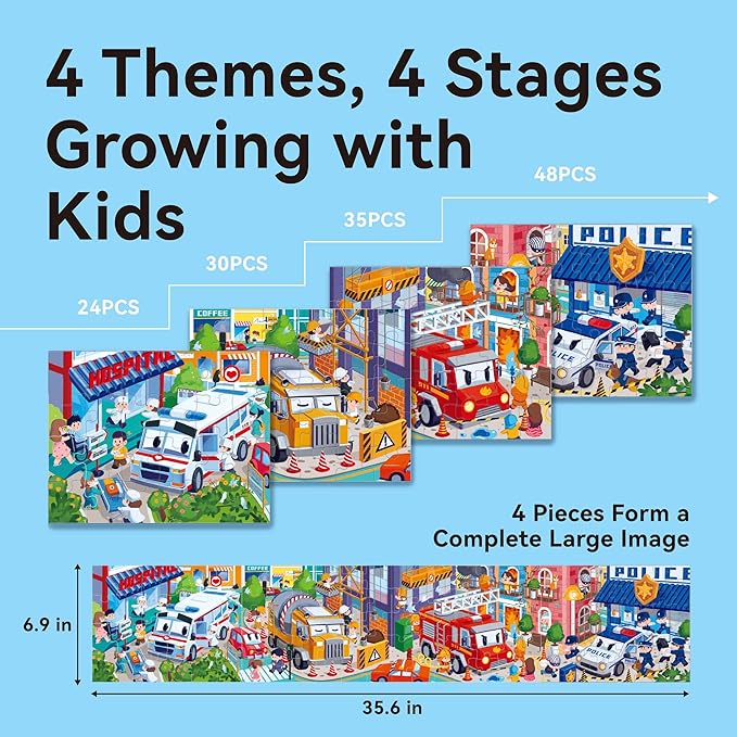 Dotimo 4-in-1 Vehicle Puzzles for Toddlers 3-5 – Fire Truck, Police Car, Ambulance & Cement Mixer Puzzles, 24/30/35/48 Piece Educational Games with Storage Box