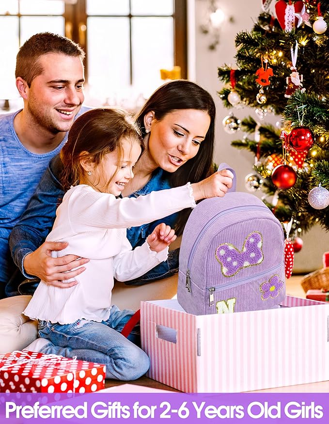 2 3 4 5 6 Year Old Girl Gifts Chenille Initial Mouse Bow Mini Backpack, Corduroy Toddler Backpacks Christmas Birthday Gifts for Girls 2-4 5-6, Purple Mini Diaper Bag Must Haves for Park Travel N