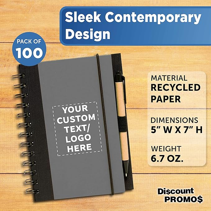 DISCOUNT PROMOS Custom Eco Block Notebooks with Pens Set of 100, Personalized Bulk Pack - Perfect for School, Office, Business, Home - Smoke