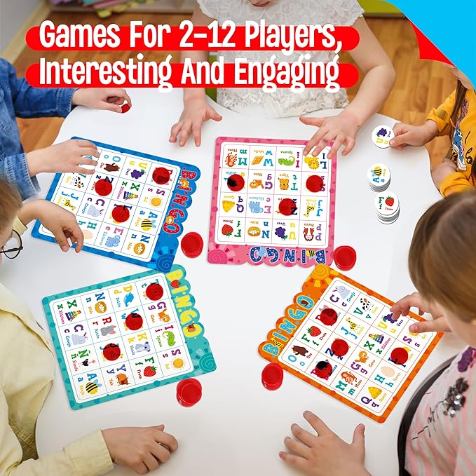 Spanish Bingo Game, 12 Bingo Board Spanish Letters, Numbers & Words Vocabulary Game, Early Educational Toys for Learning - Ages 4 and up, Perfect for Classroom & at Home (Up to 12 Players)