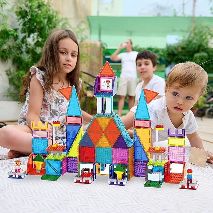 PicassoTiles 353pc Magnetic Brick and Magnet Tile Combo Set with Action Figures STEM Building Block Educational Construction Kit Preschool Classroom Toy Learning Activities for Kids Age 3 Plus PTL353