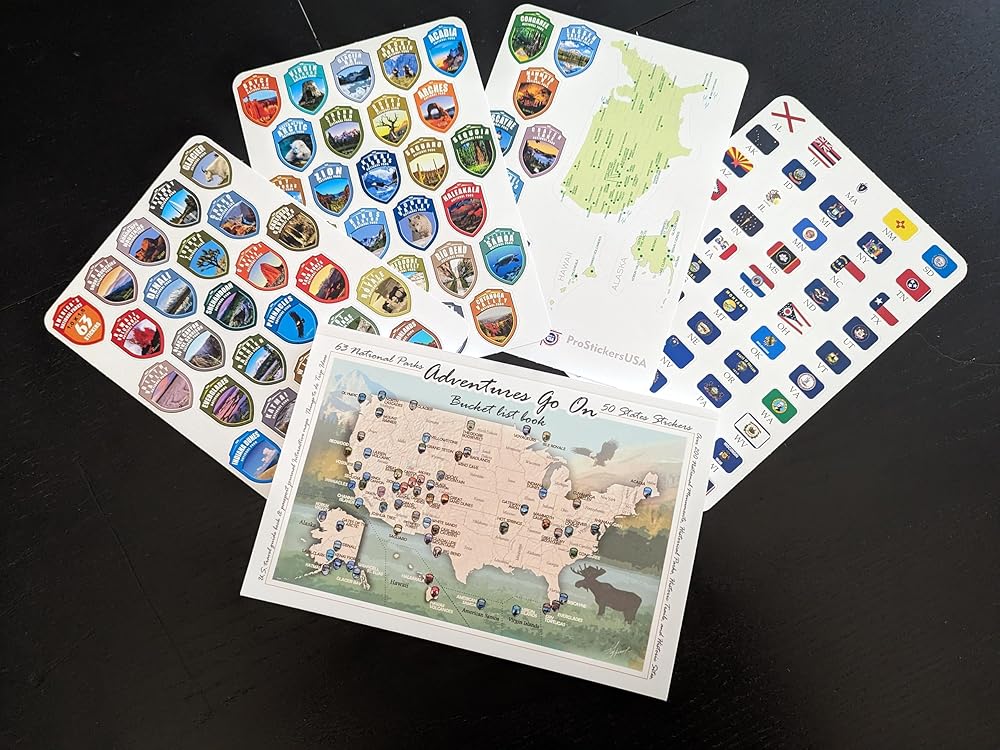 Adventures Go On. The BOOK is a guide to the National Parks of the United States of America with complete stickers for all 63 US National Parks. (Black/White Book)