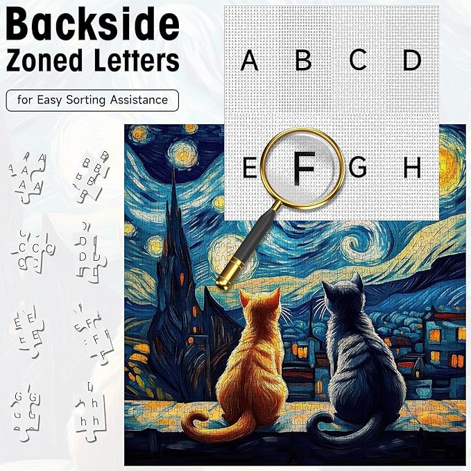 Cat Jigsaw Puzzle 1000 Pieces for Adults – Van Gogh Starry Night Art Puzzles, Difficult 1000 Piece Puzzle with Letters on Back, Premium Chunky Paper Fit, Gift for Game Night, Travel, Birthday