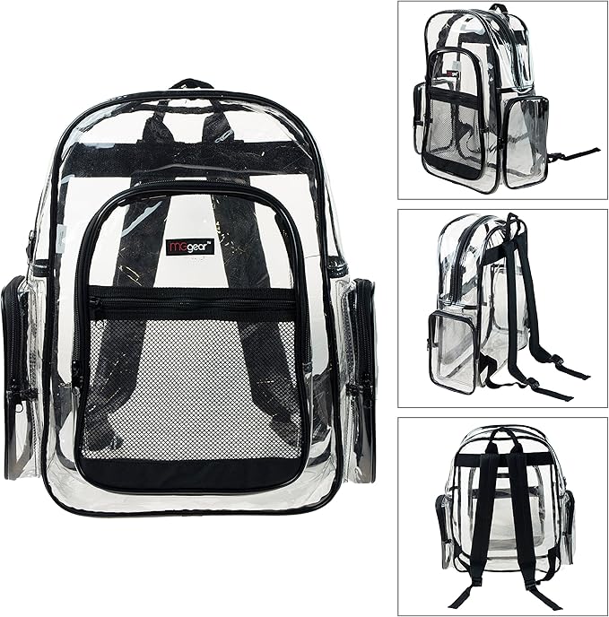 Wholesale Bulk Case 20-Pack Clear Backpack with Black Trim - 17 Inch Large Heavy Duty Transparent School Bags for Student Work Travel Stadium Security