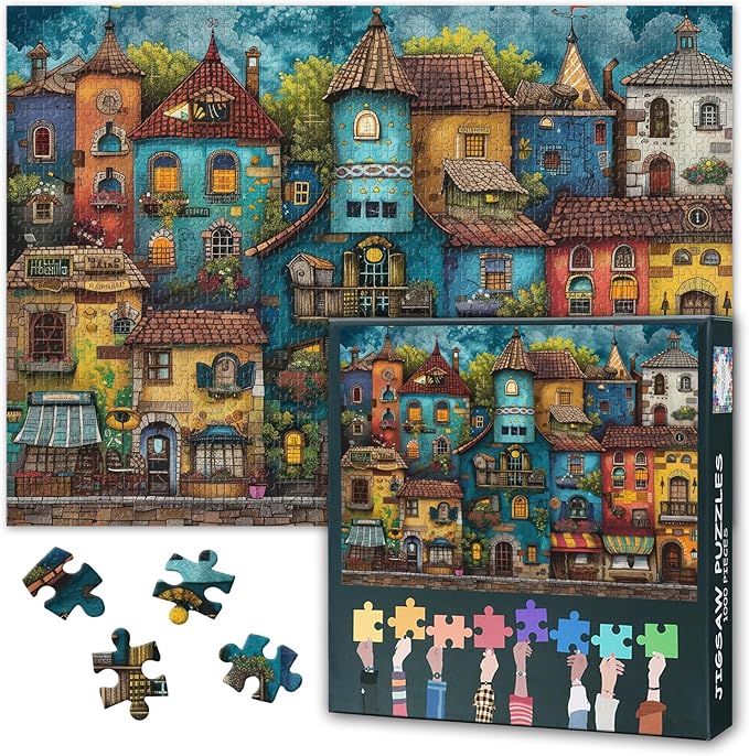 Puzzles for Adults 1000 Pieces Colorful House Building, Challenging Jigsaw Puzzles for Adults, 27.5x19.7 Inch Old Town Landscape Puzzle Game for Women Home Decoration (Fantasy Series)