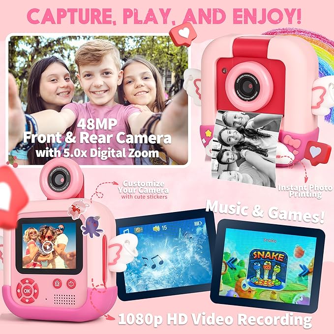 FINcredible Photomaker Kit - Instant Print Camera for Kids Plus DIY Journal Kit for Girls - 150 Pcs Tween Journal & Camera for Girls - 6 7 8 9 10 11 12 13 14 Year Old Girl (Unicorn)