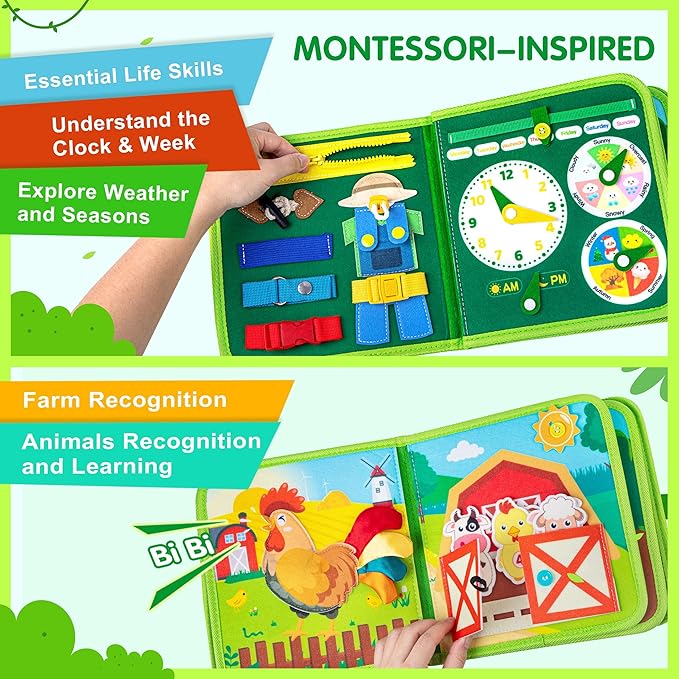 Quanquer Montessori Busy Book for Toddlers 1-3 - Farm Animal Sensory Busy Board for 1 Year Old Boys and Girls, Educational Travel Toy for Airplane Car Activities, Birthday Christmas Toddler Gifts