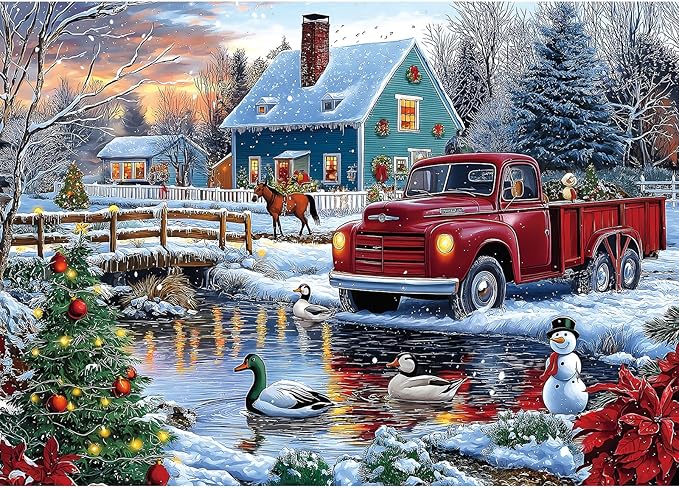 Christmas Winter Scene Jigsaw Puzzle 1000 Pieces for Adults Vintage Red Truck Snowy Country Blue House Ducks Snowman Holiday ICY River Landscape Festival Family Games for Adults