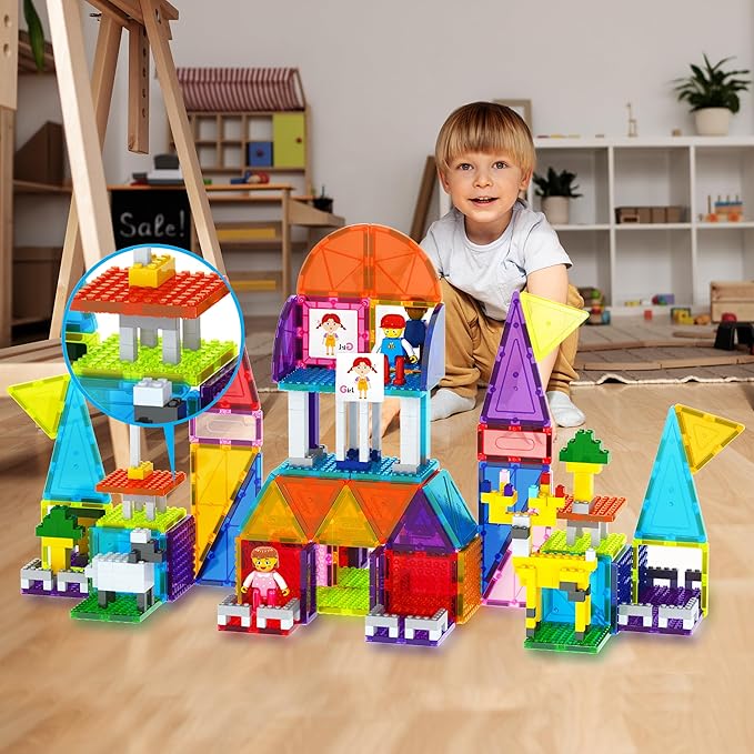 PicassoTiles Magnetic Brick Tiles STEM Creative Magnetic Tiles Building Block Set Building Brick Construction Toy Socket Spikes Toys Accessory Educational Imaginative Learning Kit Stacking Set