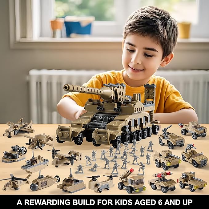 WW2 Army Tank Toys Building Sets Compatible with Lego, Create a German Dora Cannon or 16 Military Vehicles with 20 Toy Soldiers, STEM Toys for Boys Kids Age 6+ Year Old