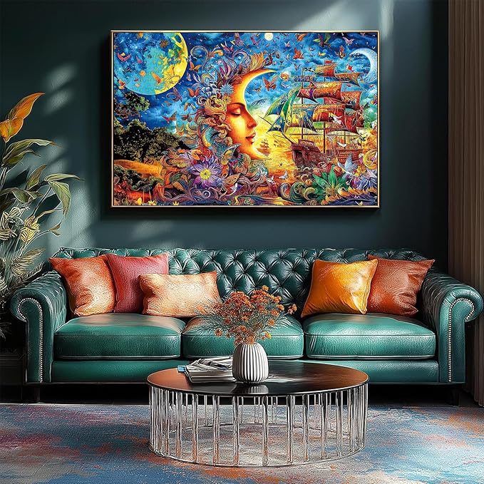 300 Piece Puzzles for Adults Kids, 300 Piece Puzzles for Adults Large Piece, Fantasy Moon Flowers Sailing Ship Jigsaw Puzzle, Challenging Puzzle Perfect for Game Nights, 20.5 X 15 in