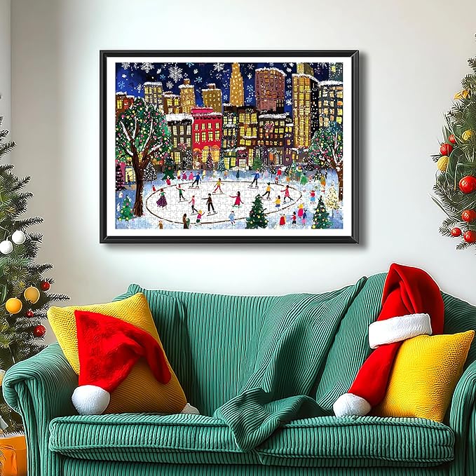 1000 Piece Puzzle for Adults Christmas Winter Ice Skating Cityscape Night City Beautiful Scene with Snow & Lights, Festive Holiday Jigsaw Puzzles Challenging Puzzle for Holiday Decor