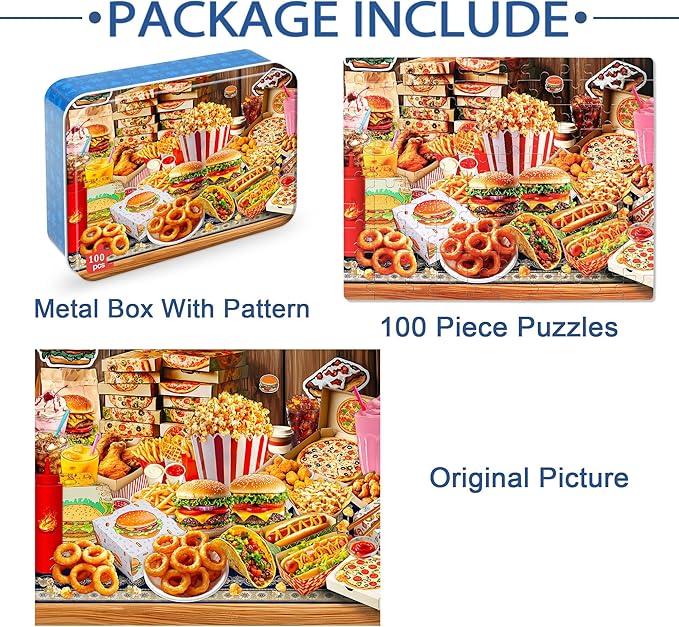 LELEMON Puzzles for Kids Ages 4-6,Hamburger Foods 100 Piece Puzzles for Kids Ages 4-8 in a Metal Box, Educational Jigsaw Puzzles 100 Piece Puzzle Games Puzzle Toys for Girls and Boys