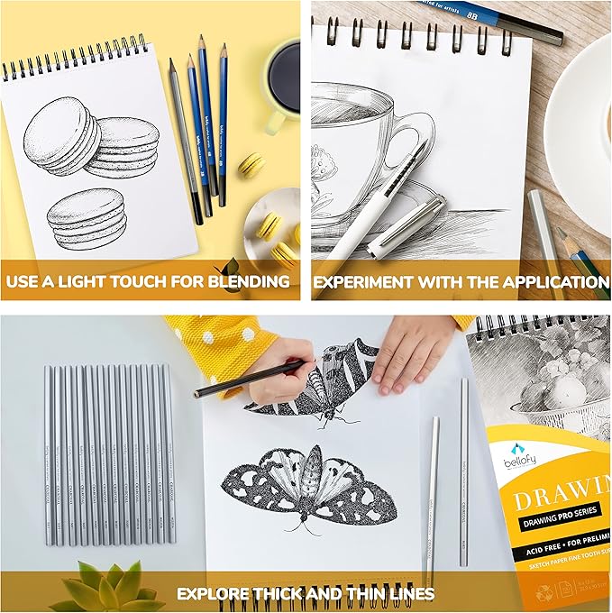 Bellofy 3 x Drawing Paper Pads 9” x 12” | 300 Sheets | 60lbs 85g | Acid Free Sketchbook Paper for Dry Media | Top Spiral Bound Sketchpad for Kids, Beginners, Artists & Professionals