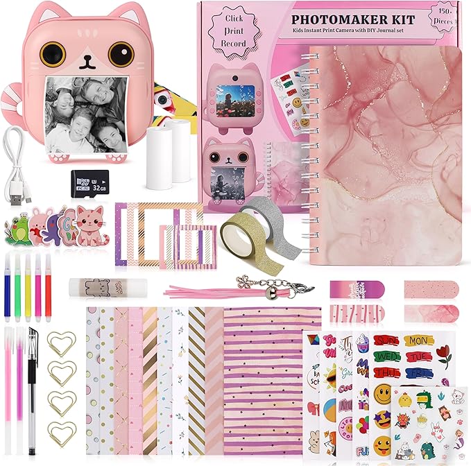 Photomaker Kit - Instant Print Camera for Kids Plus DIY Journal Kit for Girls - 150 Pcs Tween Journal & Camera for Girls - 6 7 8 9 10 11 12 13 14 Year Old Girl (Cat)