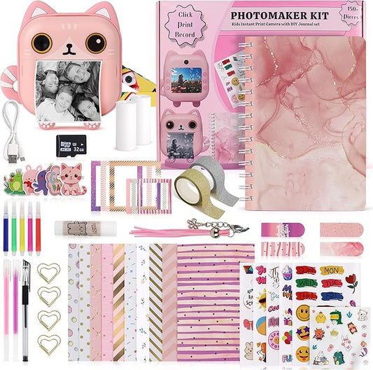 Photomaker Kit - Instant Print Camera for Kids Plus DIY Journal Kit for Girls - 150 Pcs Tween Journal & Camera for Girls - 6 7 8 9 10 11 12 13 14 Year Old Girl (Cat)