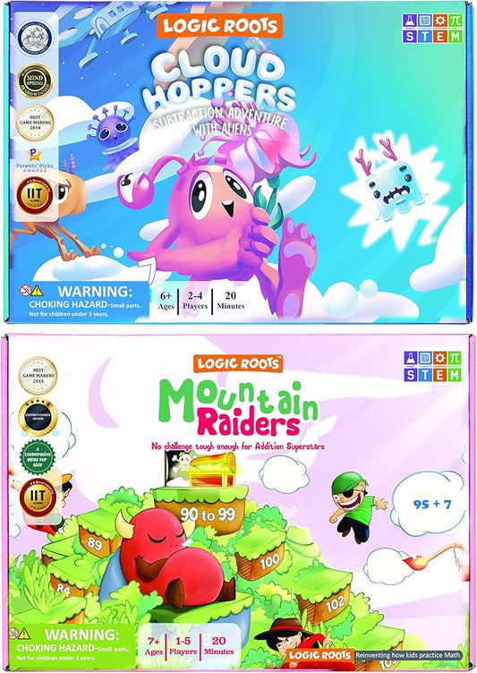 Addition and Subtraction Games - Pack of 2, Cloud Hoppers & Mountain Raiders, Math Board Games and STEM Toys for 7 Year and Up, Gift for Kids (Girls & Boys), Homeschoolers, Grade 1 & Up