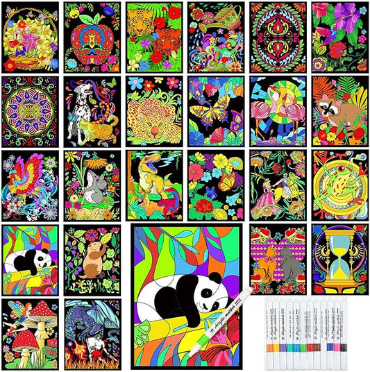 Zhanmai Pack of 48 Animal Velvet Coloring Posters and Watercolor Pens Creature Forest Panda Trigger Lion Velvet Posters for Adults Coloring Poster for Classroom Holiday Arts Crafts