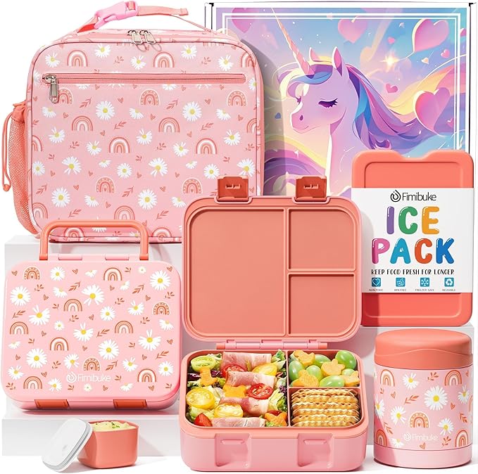 Fimibuke Bento Lunch Box for Kids with Thermos, 3-Compartment 32OZ Snack Lunch Container, Lunch Bag, 12OZ Insulated Food Jar & Ice Pack Set for Age 3-12 School Daycare Toddler Teen Girls Boys, Rainbow
