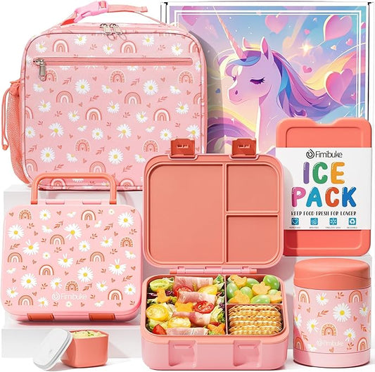 Fimibuke Bento Lunch Box for Kids with Thermos, 3-Compartment 32OZ Snack Lunch Container, Lunch Bag, 12OZ Insulated Food Jar & Ice Pack Set for Age 3-12 School Daycare Toddler Teen Girls Boys, Rainbow