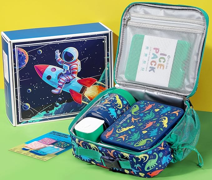 Fimibuke Bento Lunch Box for Kids with Thermos, 3-Compartment 32OZ Snack Lunch Container, Lunch Bag, 12OZ Insulated Food Jar & Ice Pack Set for Age 3-12 School Daycare Toddler Teen Girl Boy, Dinosaur