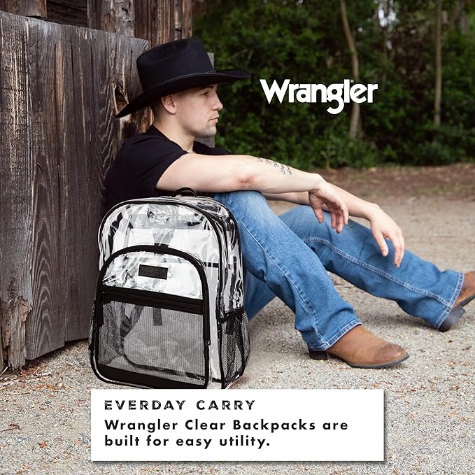 Wrangler Clear Backpack for Girls- Water Resistant Clear Bookbag, Plastic See Through Backpack for Stadium Events and School