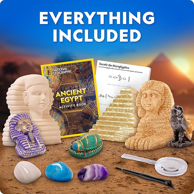 National Geographic Ancient Egypt Dig Kit – Includes Pyramid, Sphinx & Pharaoh-Shaped Dig Bricks with Real Gemstones & Replica Artifacts, Tools & Learning Guide for Kids, Science Kits for Kids