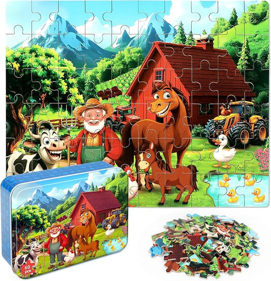 LELEMON Puzzles for Kids Ages 4-6, Farm 60 Piece Puzzles for Kids Ages 3-5 in a Metal Box, Educational Jigsaw Puzzles Childrens Puzzle Games Puzzle Toys for Girls and Boys