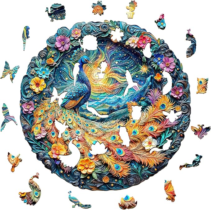 Wooden Puzzles for Adults,Aurora Peacock Shaped Unique Wooden Jigsaw Puzzles, Creative Ghristmas Gift for Teenagers and Adults.