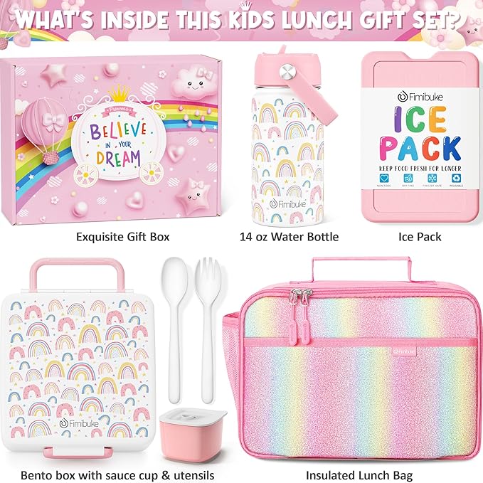 Fimibuke Kids Bento Lunch Box with 4 Compartments, Insulated lunch Bag, Stainless Steel Insulated Water Bottle, Ice Pack & Utensils Set, Birthday Gifts for Ages 3-12 Back to School Toddler Girls Boys
