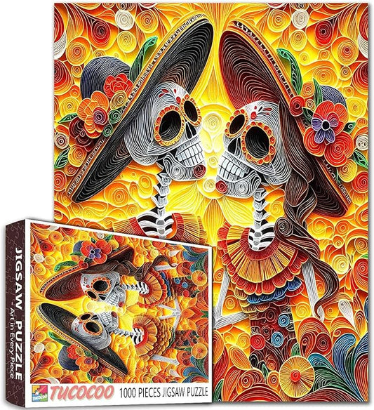 Tucocoo Skeleton Couple 1000 Piece Puzzle for Adults, Vibrant Skull Lover Colorful Paper Art Jigsaw Puzzle Fun Challenging and Decorative Puzzle for Stress Relief Family Game Night Home Decor Gift
