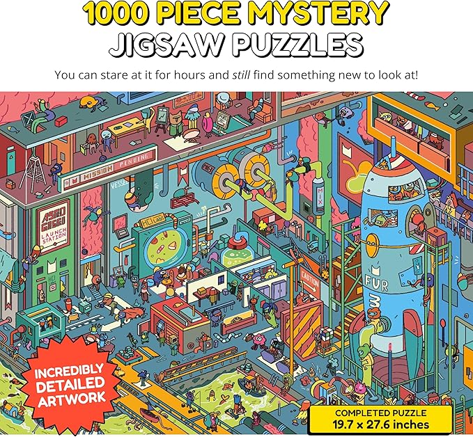 Jigsaw Puzzles 1000 Pieces - Magic Mystery Story Secret Ending Puzzle - Perfect Game Night for Adults & Kids - Funny Space Cartoon Theme (AstroGastro)