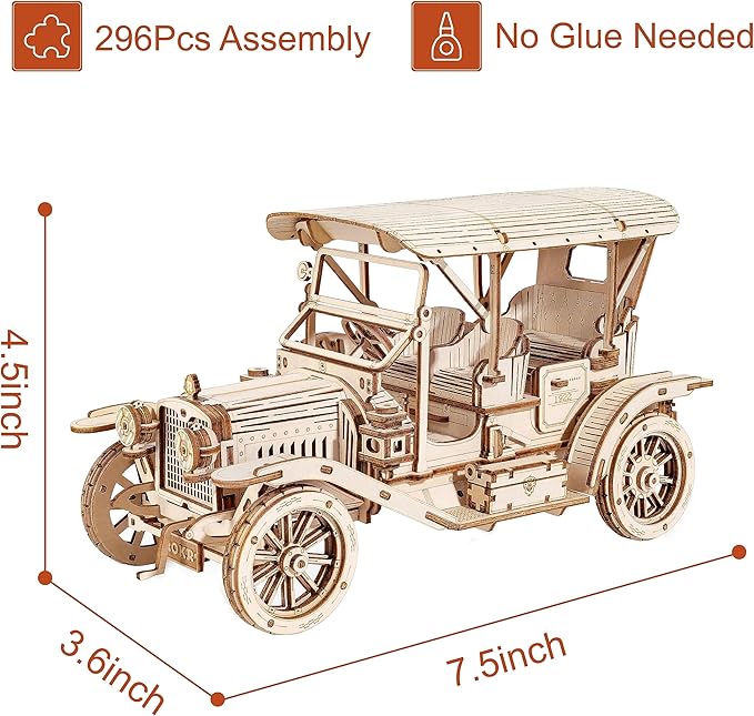ROBOTIME MC801 Vintage Car 3D Puzzle, 3D Wooden Puzzle Retro Model Kit for Adults, Gift for Antique Car Lovers, Aesthetic Home Decor
