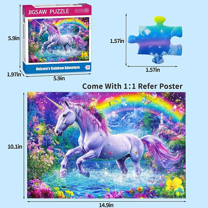 100 Piece Puzzles for Kids Ages 4-6 6-8 Unicorn Rainbow Jigsaw Puzzles Kids Puzzles Ages 5-8 100 Piece Puzzle for Adults Kids Learning Educational Toys Gifts for Girls Boys
