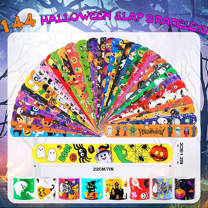 LUYI 144 PCS Halloween Slap Bracelets,Halloween Party Favors Supplies for Kids-108 Different Designs Bracelets Bulk for Halloween Decorations Treat Toys Bag Stuffers Gift for Kids Girls Boys