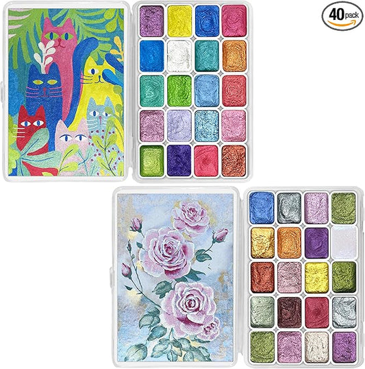 Mini Forestry Shifting Watercolor Painting Set, 40 Color Shifting Watercolor Paint Set, Shimmer Metallic Watercolor Paints Set, Glitter Watercolor Paint, Solid, Matisse & Rococo Style