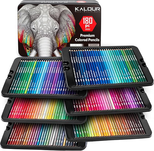 KALOUR 180 Colored Pencil Set for Adults Artists - Rich Pigment Soft Core -12 Metallic Pencil - Ideal for Coloring Drawing Sketching Shading Blending - Vibrant Color(Tin Case)