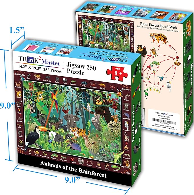 Think2Master Colorful Rainforest Jungle Zoo Animal 250 Pieces Jigsaw Puzzle Fun Educational Toy for Kids, School & Families. Great Gift for Boys & Girls Ages 8+ to Stimulate Learning. 14.2” X 19.3”