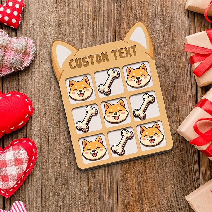 Personalized Dog XO Board Game, Personalized Cute Dog Wooden Noughts and Crosses Game, Pet Table Decor Road Trip Travel Game for Family (Dog 5)