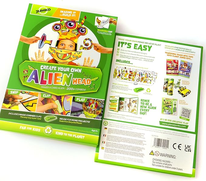 JUNKO Alien Head Kids Craft Kit – Build & Wear Costume for Boys & Girls Ages 6–10 – 200+ Mix & Match Combos – Fun Parent & Child Activity – Recycled & Reusable Craft Set
