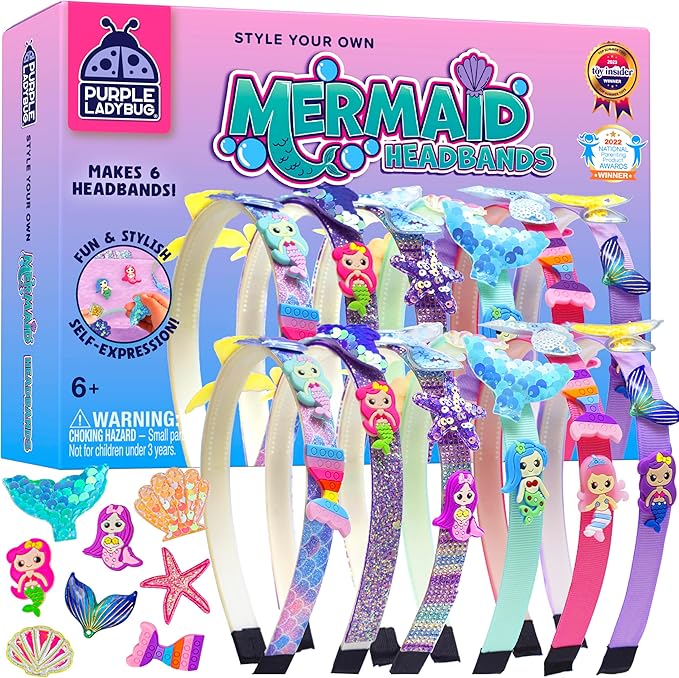 PURPLE LADYBUG Mermaid Headband Kit - Party, Sleepover, Playdates, Summer Activities for Girls, DIY Mermaid Hair Accessories & Crafts, Birthday Gift for Girls Ages 6-10
