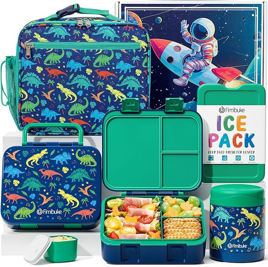 Fimibuke Bento Lunch Box for Kids with Thermos, 3-Compartment 32OZ Snack Lunch Container, Lunch Bag, 12OZ Insulated Food Jar & Ice Pack Set for Age 3-12 School Daycare Toddler Teen Girl Boy, Dinosaur