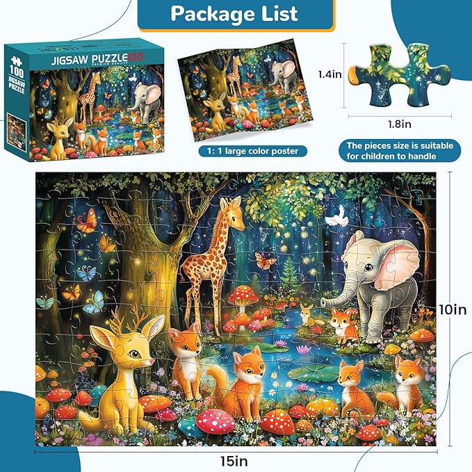 100 Pieces Puzzles for Kids Ages 4-8,Deer Elephant Puzzle Large Pieces Puzzle 100 Pieces for Kids Teens Ages 4-6 6-8 8-10 Jigsaw Puzzles Educational Toys Birthday Gifts for Girls and Boys