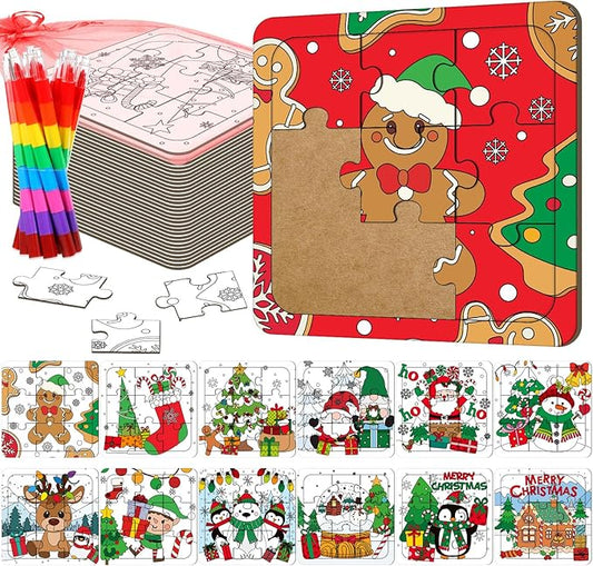 12 Sets Christmas Puzzles Color Your Own Puzzles DIY Jigsaw Crafts with 12 Stackable Crayons and 12 Bags for Learning Education Toys Gifts Prizes Birthday Party Supplies(12, Christmas)