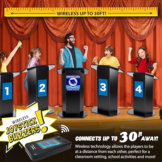 Teacher's Choice 8 Player Wireless Handheld Game Buzzer System - Displays First Buzz-in - Great for Jeopardy, Family Feud, Trivia and Buzzer Games - Console with 8 Joystick Buzzers, 8 Unique Sounds
