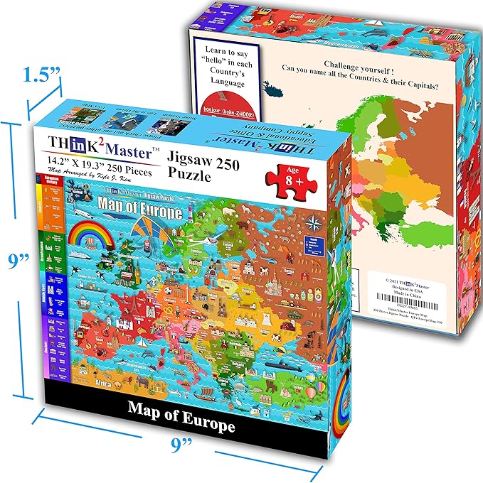 Think2Master Colorful Map of Europe 250 Pieces Jigsaw Puzzle Fun Educational Toy for Kids, School & Families. Great Gift for Boys & Girls Ages 8+ for Learning European History. Size: 14.2” X 19.3”